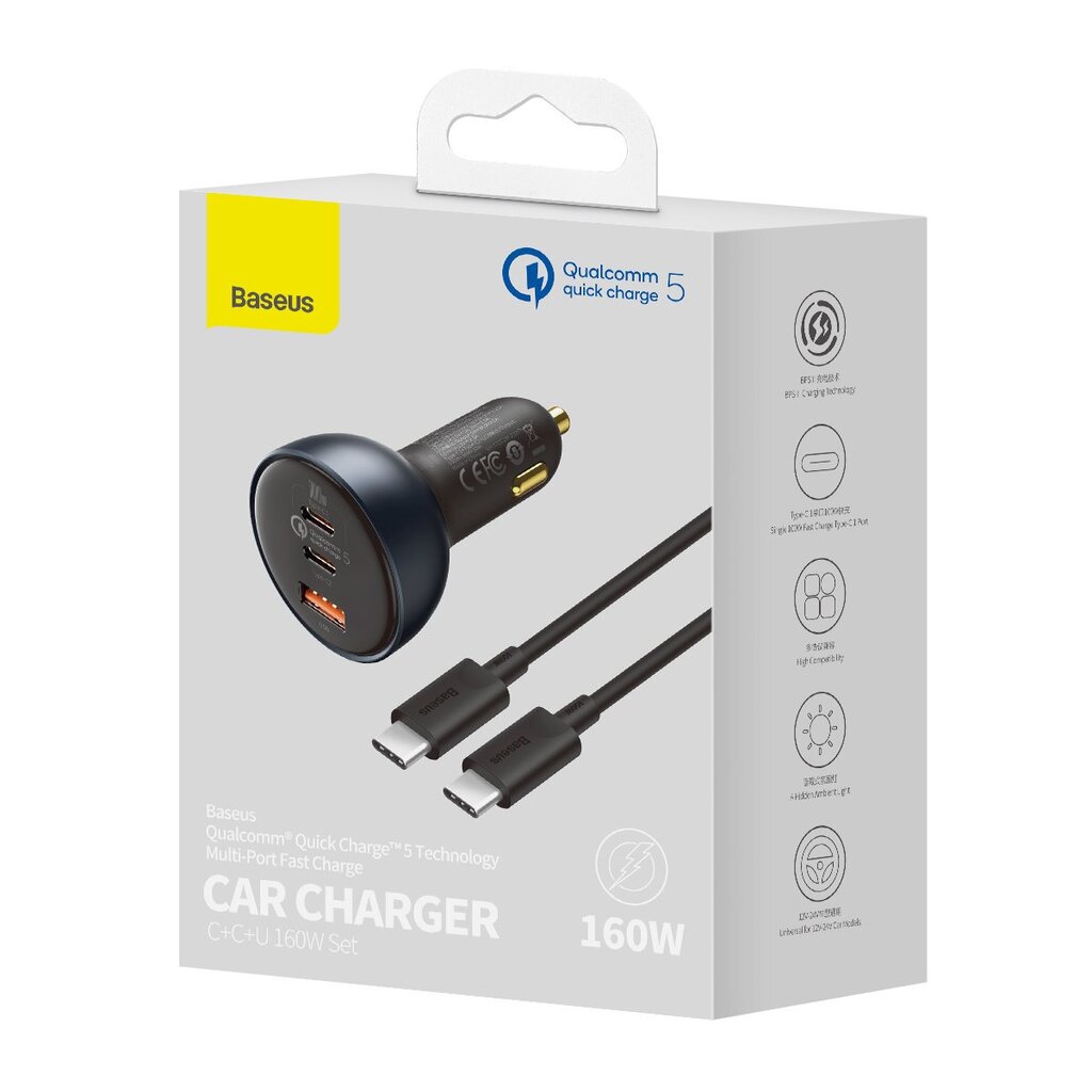 Baseus fast USB / USB car charger Type C 160W PPS Quick Charge 5 PD gray (TZCCZM-0G) цена и информация | Mobiiltelefonide laadijad | kaup24.ee