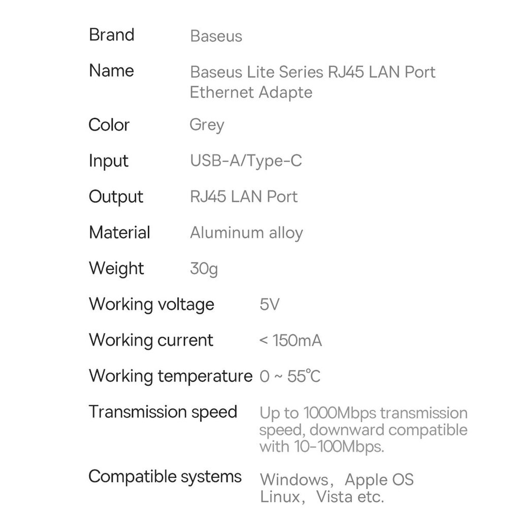 Baseus Lite Series USB Type C adapter - RJ45 LAN socket 1000Mbps black (WKQX000313) hind ja info | USB jagajad, adapterid | kaup24.ee