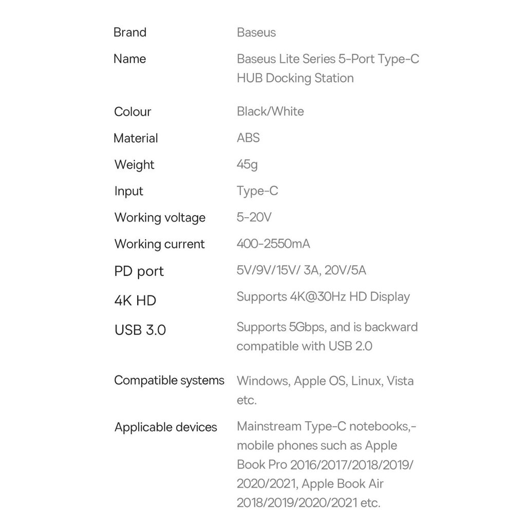 Baseus Lite Series adapter HUB USB Type C - HDMI / 4x USB 3.0 20cm white (WKQX040002) hind ja info | USB jagajad, adapterid | kaup24.ee