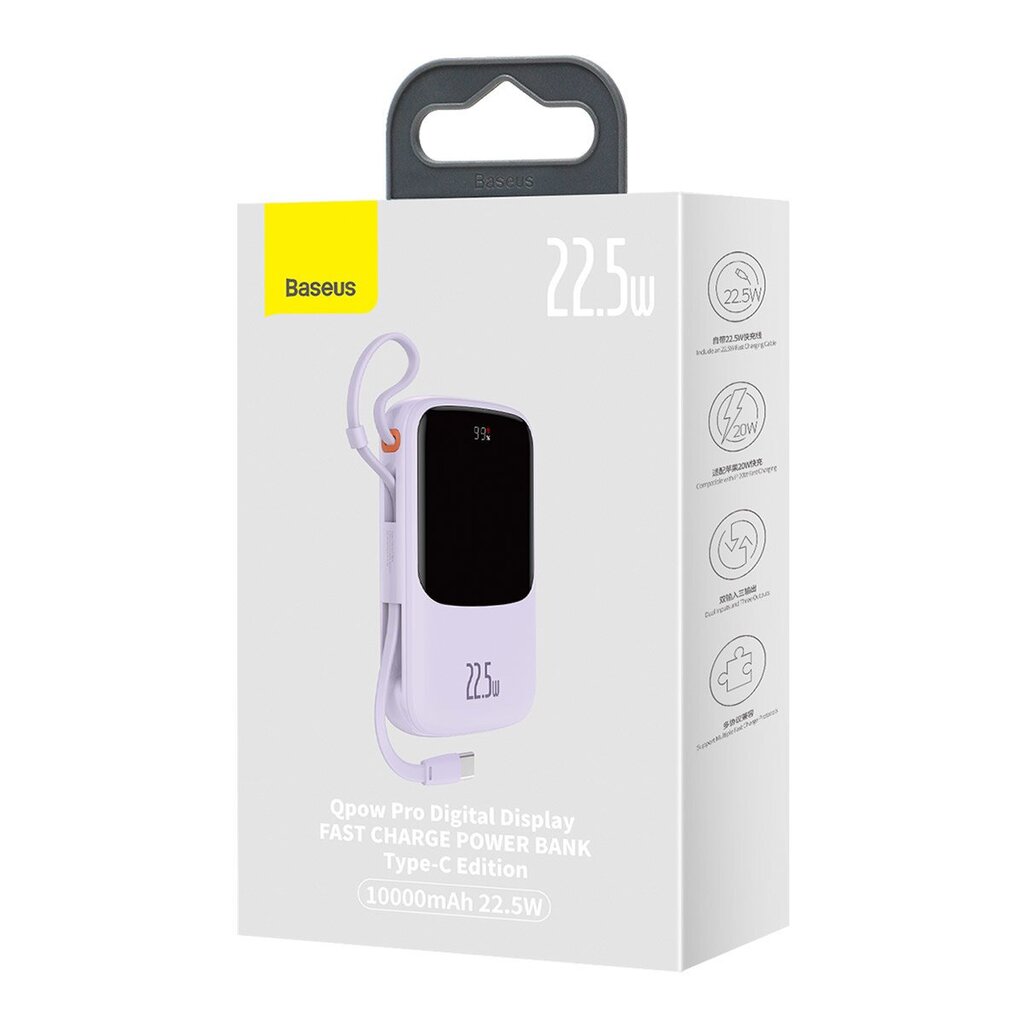 Baseus Qpow power bank 10000mAh built-in USB Type-C cable 22.5W Quick Charge SCP AFC FCP purple (PPQD020105) hind ja info | Akupangad | kaup24.ee