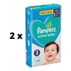 Подгузники Pampers Active Baby Maxi Pack, размер 3, 6-10 кг, 66 шт. х 2 шт. упаковка цена и информация | Подгузники | kaup24.ee