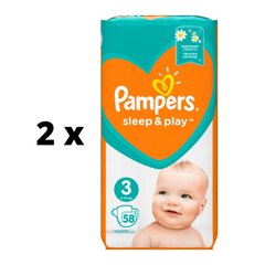 Подгузники Pampers Sleep&Play Value Pack 3 размер 6 - 10 кг, 58 шт. х 2 шт. упаковка цена и информация | Подгузники | kaup24.ee