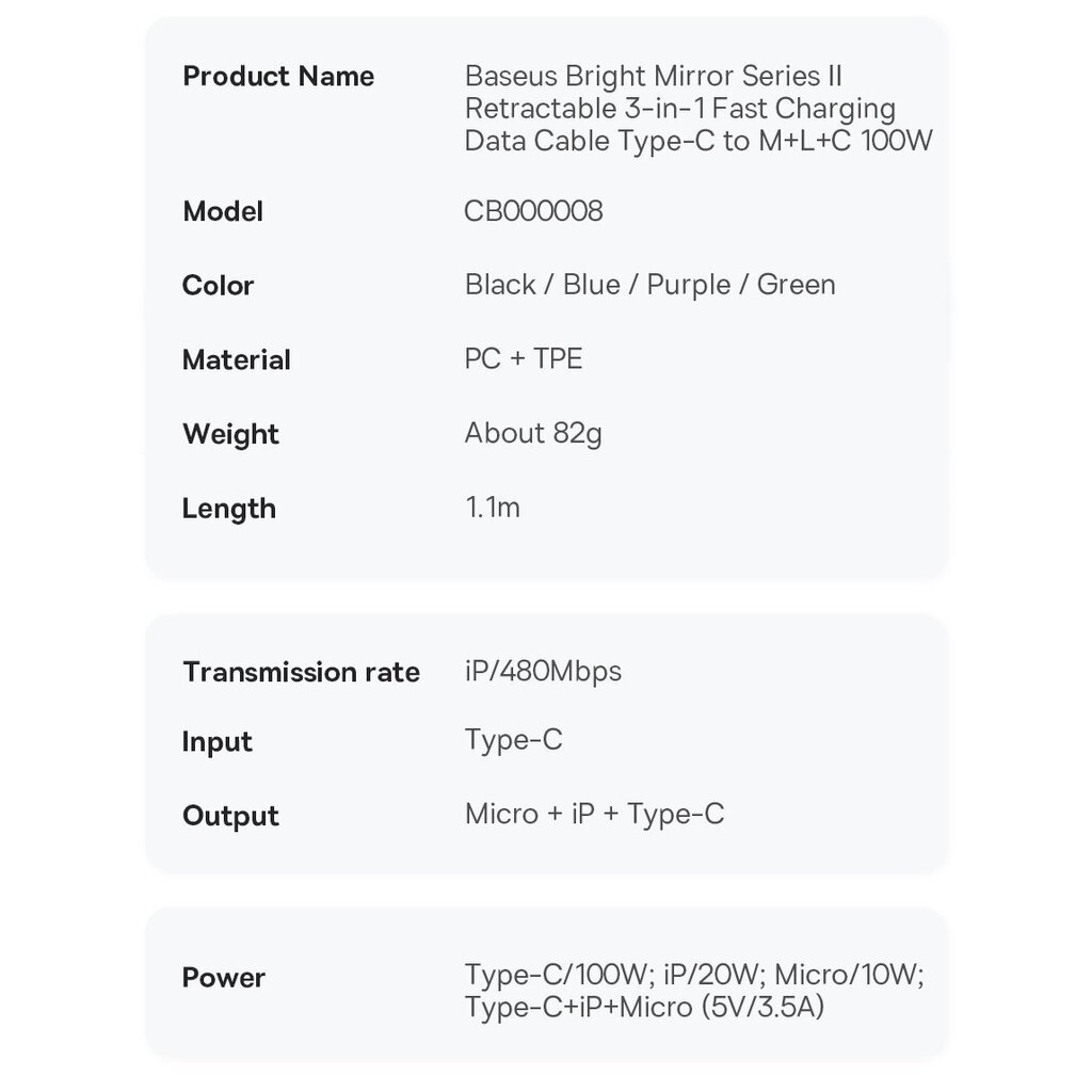 Baseus Bright Mirror 2 3in1 CAMJ010203 hind ja info | Mobiiltelefonide kaablid | kaup24.ee