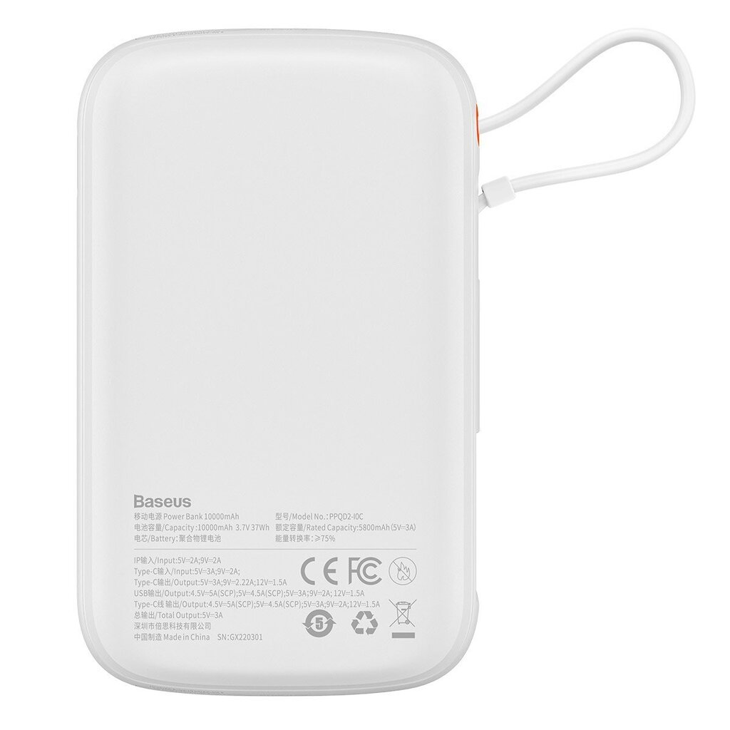 Baseus Qpow power bank 10000mAh built-in USB Type-C cable 22.5W Quick Charge SCP AFC FCP white (PPQD020102) hind ja info | Akupangad | kaup24.ee