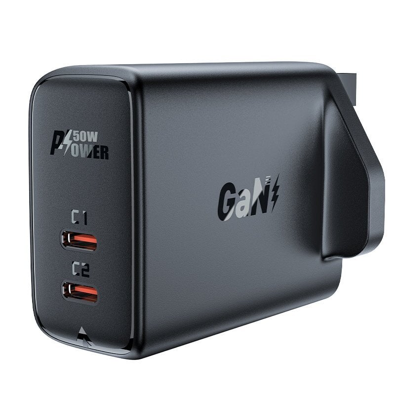 Acefast GaN charger (UK plug) 2x USB Type C 50W, Power Delivery, PPS, Q3 3.0, AFC, FCP black (A32 UK) цена и информация | Mobiiltelefonide laadijad | kaup24.ee