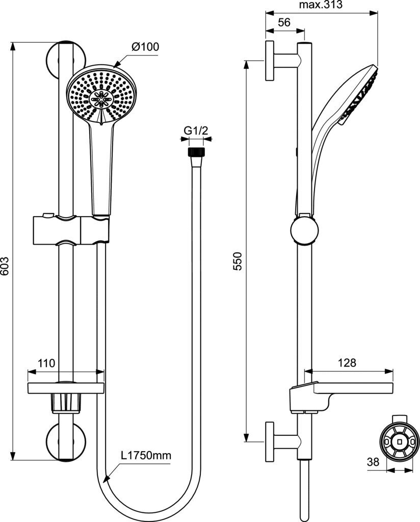 Dušikomplekt Ideal Standard IdealRain, 600 mm dušialus, 3 funktsiooni 100 mm dušiotsik, 1750 mm dušivoolik, seebialus B9415AA цена и информация | Komplektid ja dušipaneelid | kaup24.ee