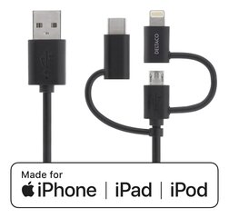 Universaalne laadimis- ja infokaabel DELTACO 2m, Micro USB, USB-C, Lightning, must / IPLH-156 hind ja info | Mobiiltelefonide kaablid | kaup24.ee