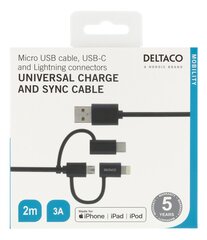 Universaalne laadimis- ja infokaabel DELTACO 2m, Micro USB, USB-C, Lightning, must / IPLH-156 hind ja info | Mobiiltelefonide kaablid | kaup24.ee