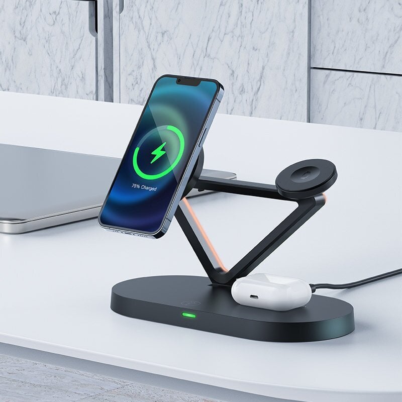 Acefast 15W Qi Wireless Charger for iPhone (with MagSafe), Apple Watch and Apple AirPods Stand Holder Magnetic Holder Black (E9 black) hind ja info | Mobiiltelefonide laadijad | kaup24.ee