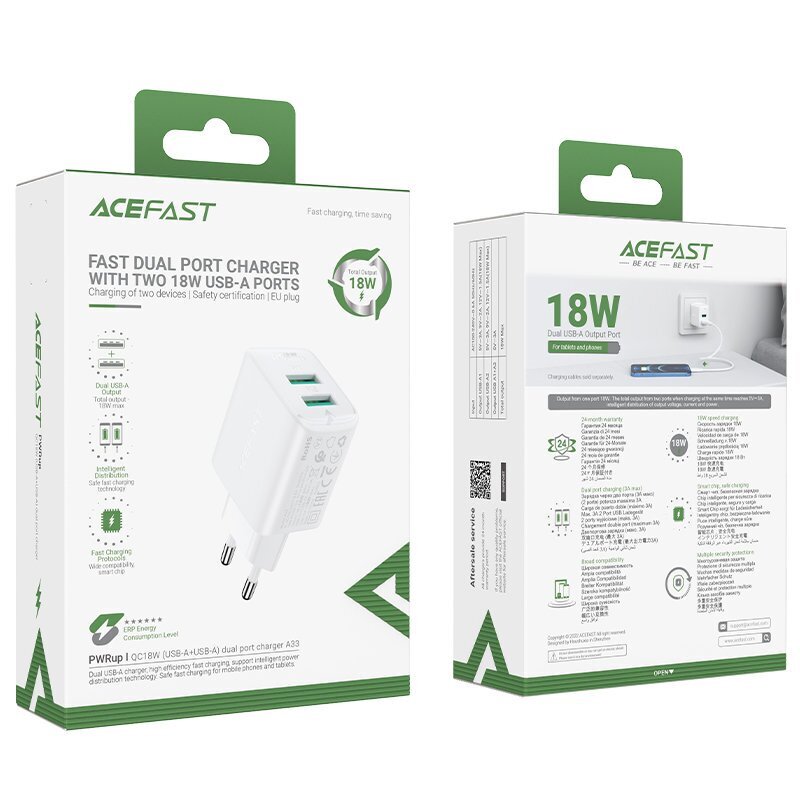 Acefast charger 2x USB 18W QC 3.0, AFC, FCP white (A33 white) hind ja info | Mobiiltelefonide laadijad | kaup24.ee