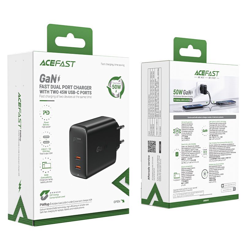 Acefast A29 PD50W GaN (USB-C + USB-C) dual port charger black hind ja info | Mobiiltelefonide laadijad | kaup24.ee