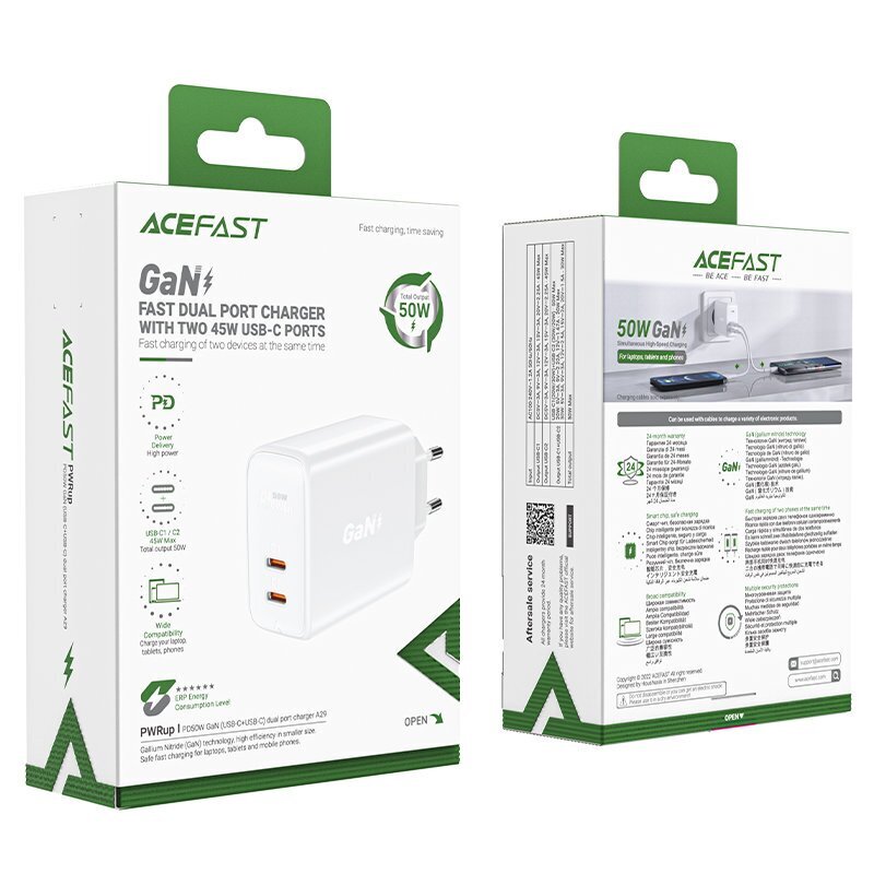 Acefast charger GaN USB Type C 50W, PD, QC 3.0, AFC, FCP white (A29 white) hind ja info | Mobiiltelefonide laadijad | kaup24.ee