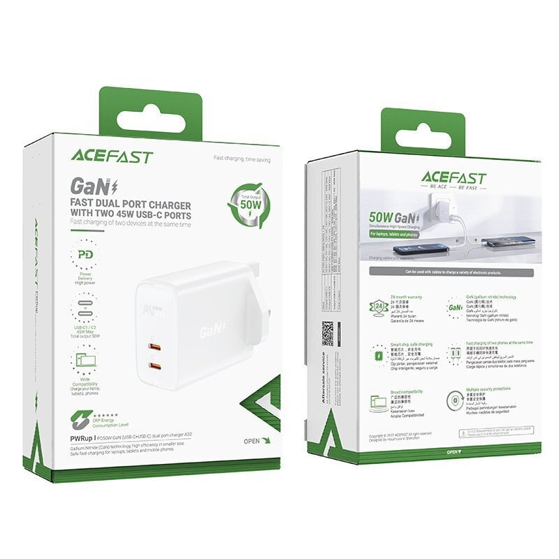 Acefast GaN charger (UK plug) 2x USB Type C 50W, Power Delivery, PPS, Q3 3.0, AFC, FCP (A32 UK) hind ja info | Mobiiltelefonide laadijad | kaup24.ee