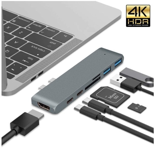 Adapter 7w1 HUB USB-C HDMI 4K 2x USB 3.0 Thunderbolt 3.0 SD TF Macbook Pro / Air M1 M2 Zenwire hind ja info | USB jagajad, adapterid | kaup24.ee