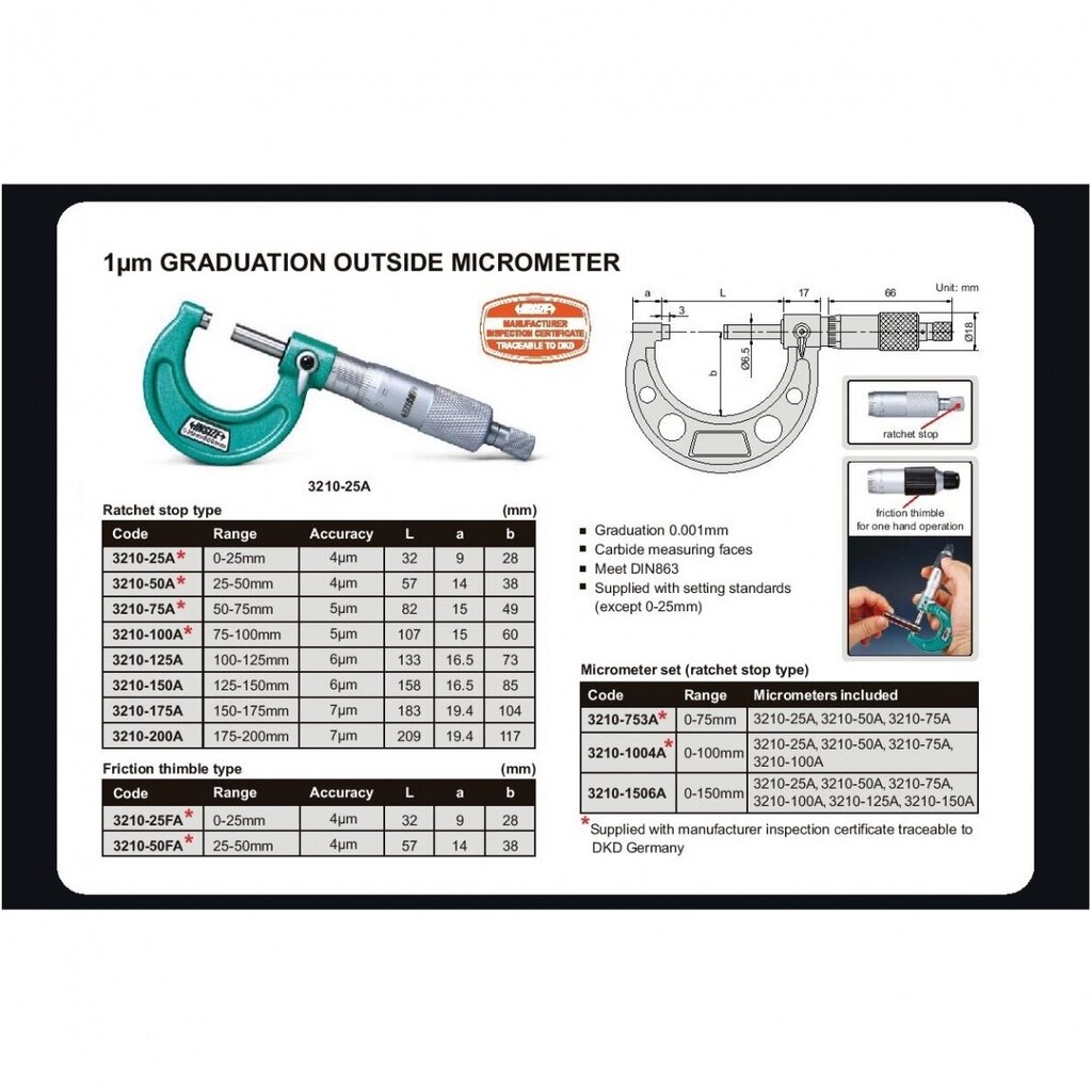 Väline mikromeeter Insize (0-25 mm) цена и информация | Käsitööriistad | kaup24.ee