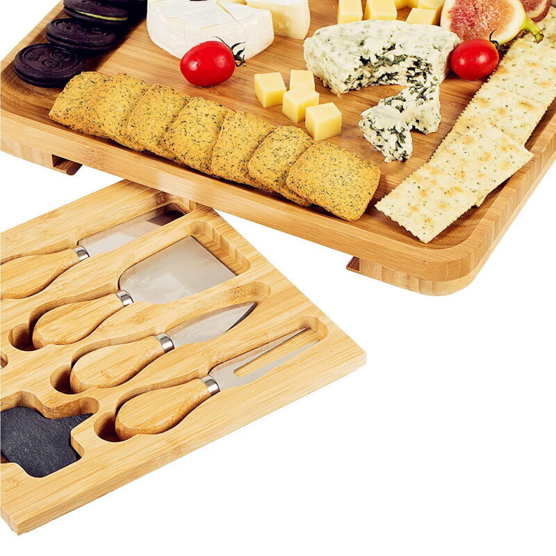 Vigo Bamboo 2in1 juustu ja suupistete lõikamine ja serveerimislaud koos 4x noa ja 2 tassiga organisaatoris (33x33cm) hind ja info | Köögitarbed | kaup24.ee