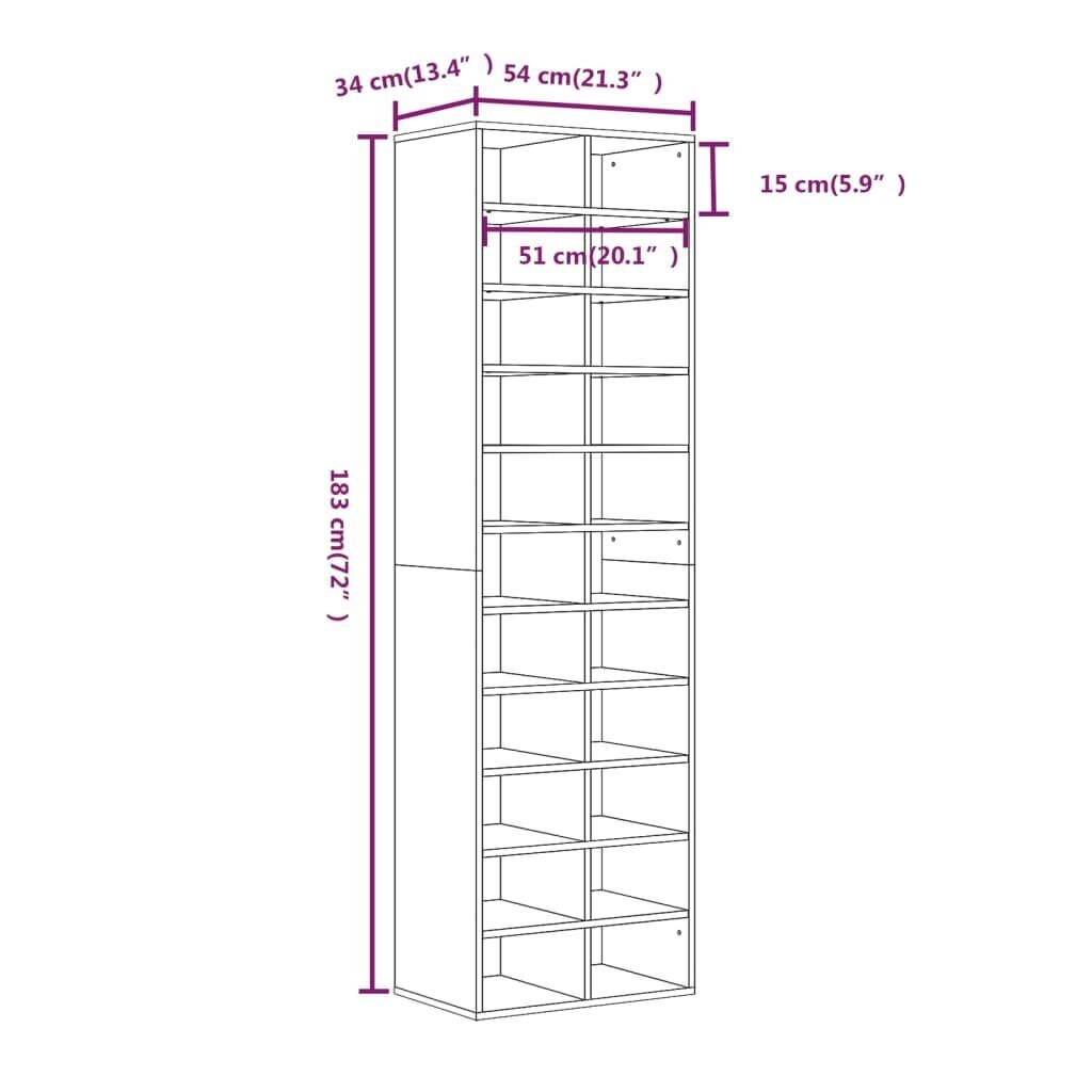 vidaXL kingariiul, hall Sonoma tamm, 54 x 34 x 183 cm, tehispuit цена и информация | Jalatsikapid, jalatsiriiulid | kaup24.ee