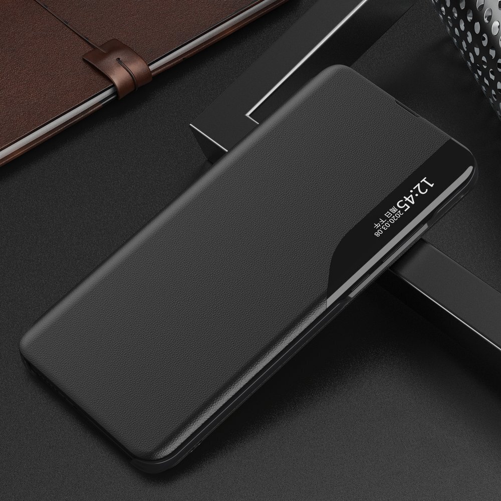 Eco Leather View Case elegantne raamaturiiuli tüüpi ümbris tugijalaga Samsung Galaxy A02s EU must jaoks цена и информация | Telefoni kaaned, ümbrised | kaup24.ee