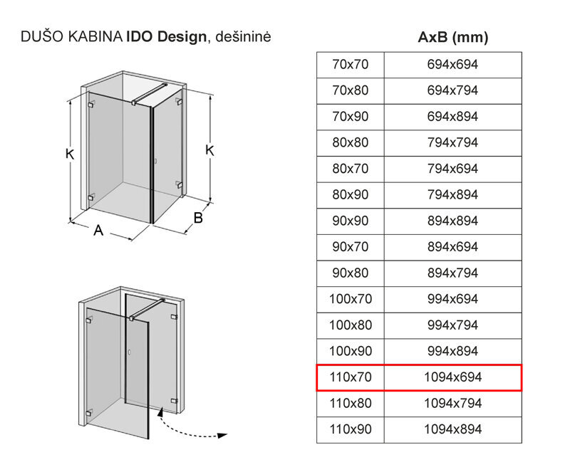 Dušikabiin IDO Design, parempoolne 110x70 цена и информация | Dušikabiinid | kaup24.ee