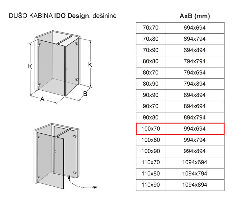 Dušikabiin IDO Design, parempoolne 100x70 цена и информация | Dušikabiinid | kaup24.ee
