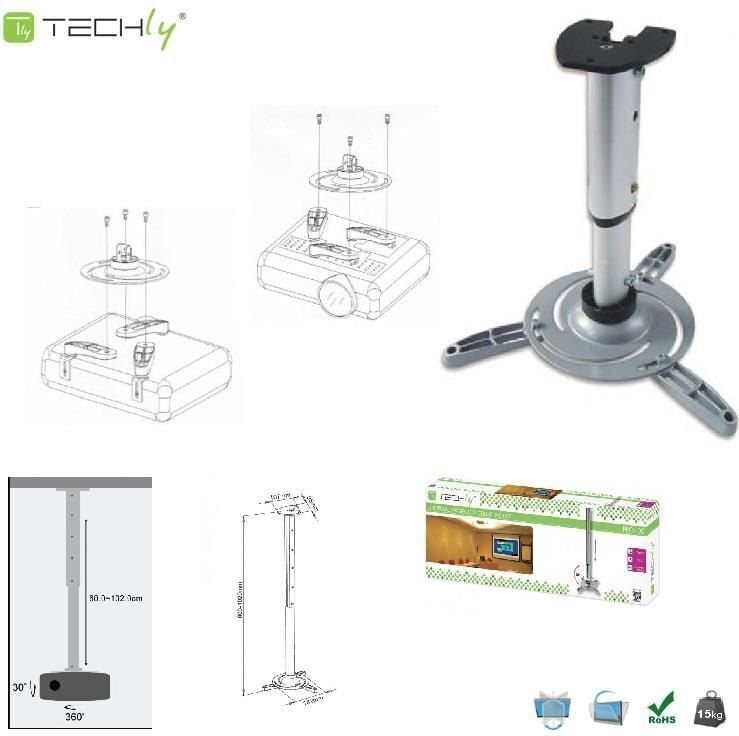 Projektori laekinnitus Techly, reguleeritav 60–102 cm, kuni 15 kg цена и информация | Teleri seinakinnitused ja hoidjad | kaup24.ee