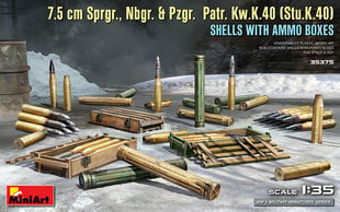 Сборная модель MiniArt - 7.5 cm Sprgr., Nbgr. & Pzgr. Patr. Kw.K.40 (Stu.K.40) Shells with Ammo Boxes, 1/35, 35375 цена и информация | Склеиваемые модели | kaup24.ee
