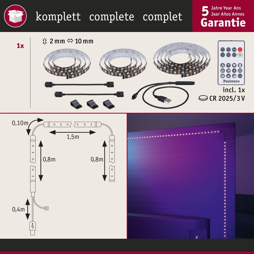 Paulmann LED USB LED riba TV valgustus 75 tolli 3,1m 5W 60LEDs/m RGB+ hind ja info | LED ribad | kaup24.ee