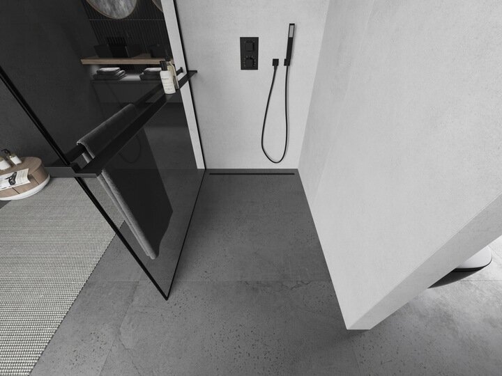Walk-in dušisein Mexen Kioto+ riiuliga, must/must raam, 70,80,90,100,110,120,130,140x200 cm hind ja info | Dušikabiinide uksed ja seinad | kaup24.ee