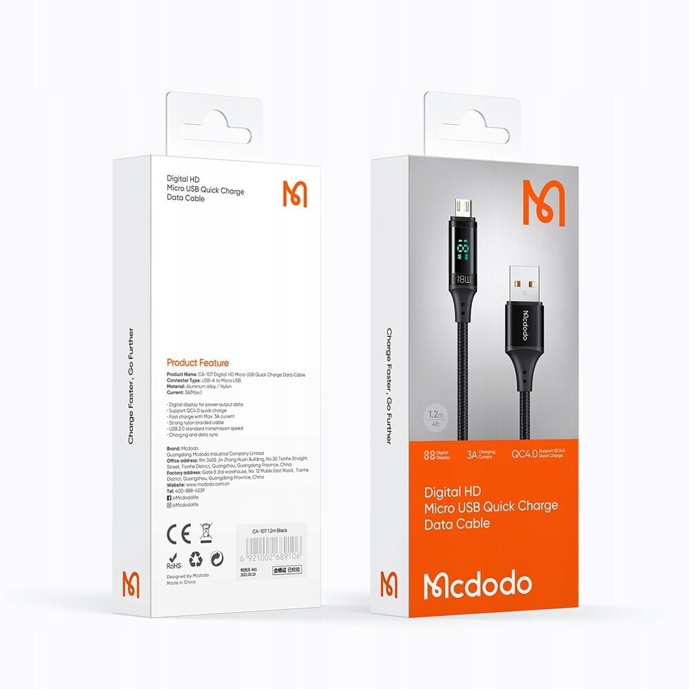 MCDODO DIGITAL PRO QC 4.0 MICRO USB 18W 1.2M TELEFONIKAABEL hind ja info | Kaablid ja juhtmed | kaup24.ee