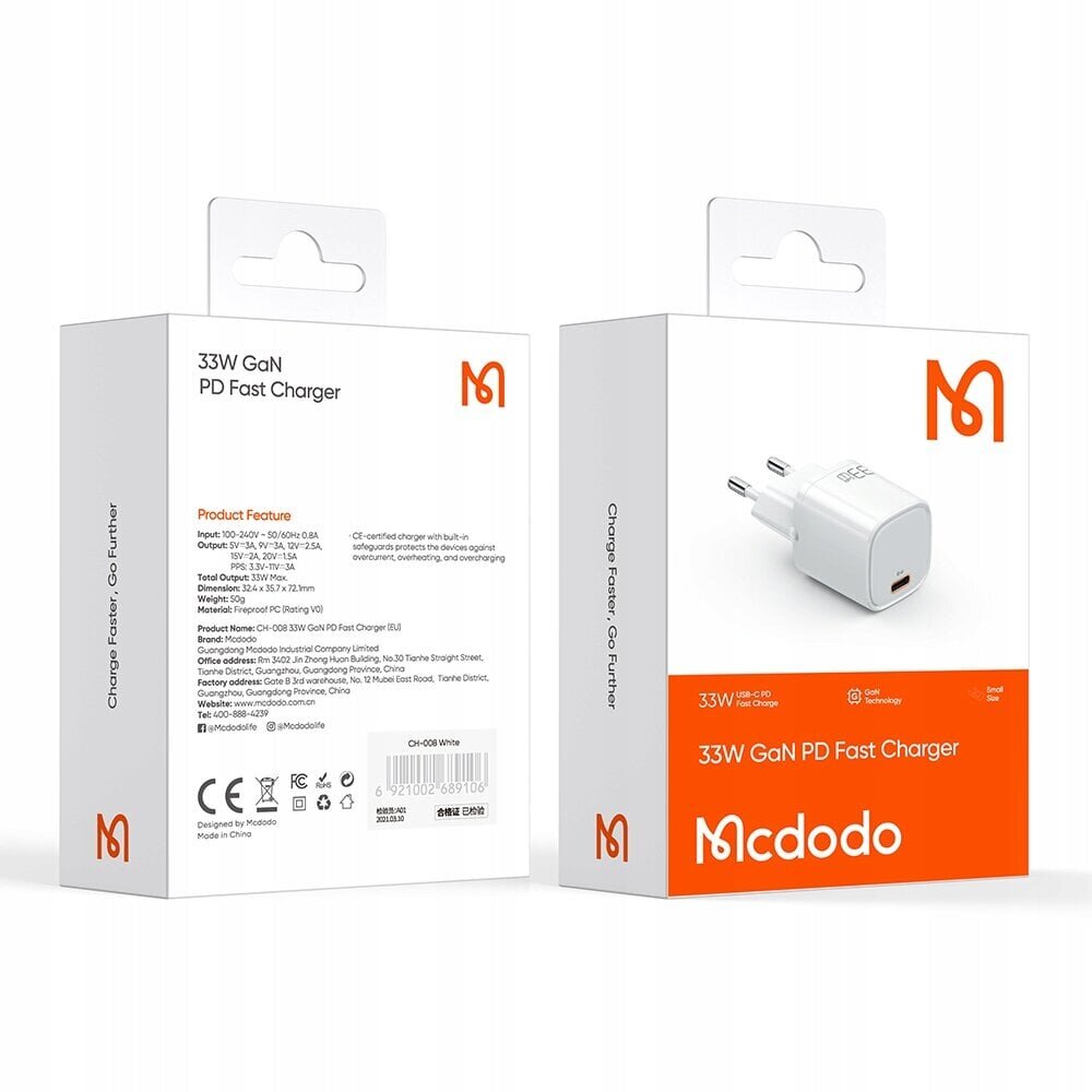 Mcdodo nano GaN, USB-C PD QC telefonilaadija - 33W CH-0080 hind ja info | Auto akulaadijad | kaup24.ee