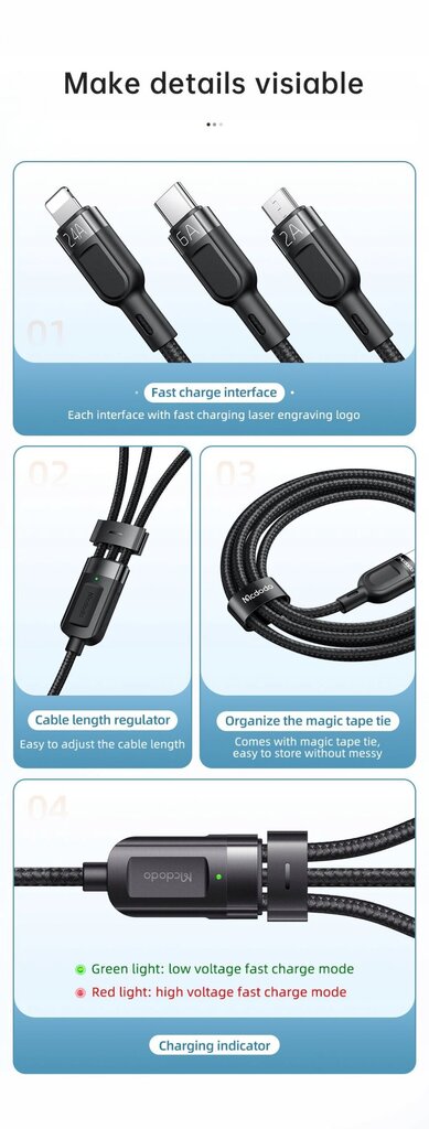 McDodo telefonikaabel, kiirlaadimine, iphone'ile, Micro USB, USB-C 3in1 6A 65W QC 4 1.2m CA-0930 hind ja info | Kaablid ja juhtmed | kaup24.ee