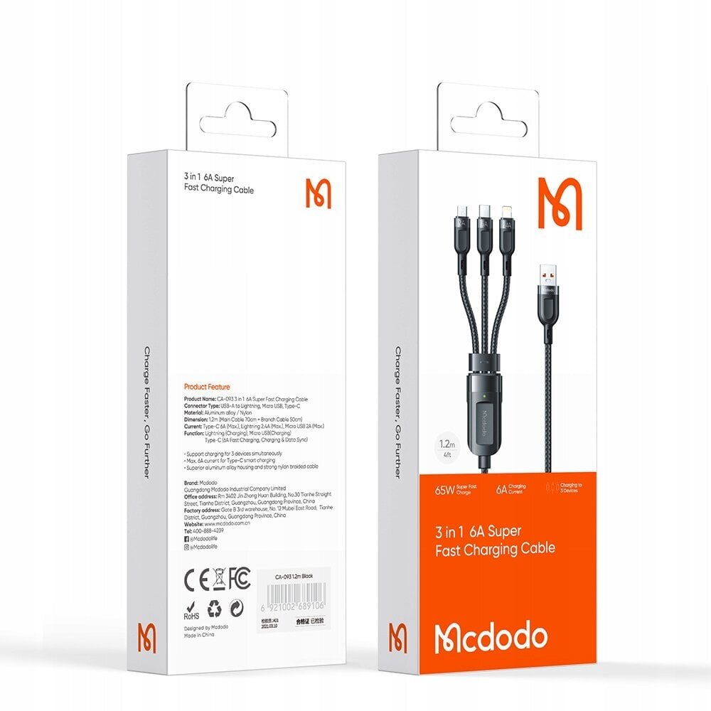 McDodo telefonikaabel, kiirlaadimine, iphone'ile, Micro USB, USB-C 3in1 6A 65W QC 4 1.2m CA-0930 цена и информация | Kaablid ja juhtmed | kaup24.ee