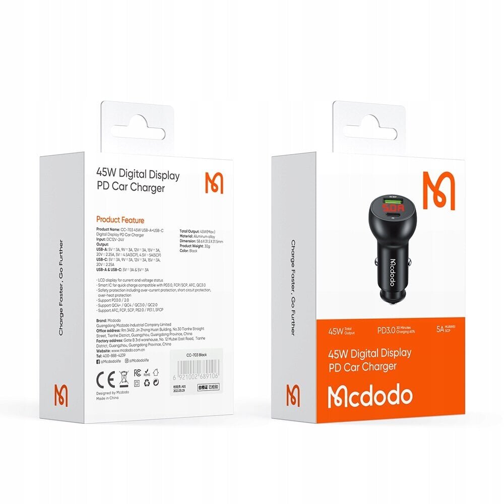 McDodo USB/USB-C PD 45W LCD autolaadija hind ja info | Mobiiltelefonide laadijad | kaup24.ee