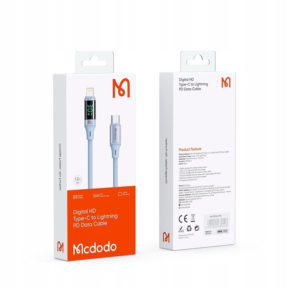 Mcdodo DIGITAL PRO USB-C ja iPhone 20W telefonikaabel 1.2m sinine hind ja info | Mobiiltelefonide kaablid | kaup24.ee