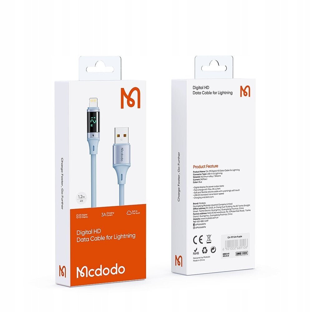 Mcdodo DIGITAL PRO USB ja iPhone 12W 1.2m sinine telefonikaabel hind ja info | Mobiiltelefonide kaablid | kaup24.ee