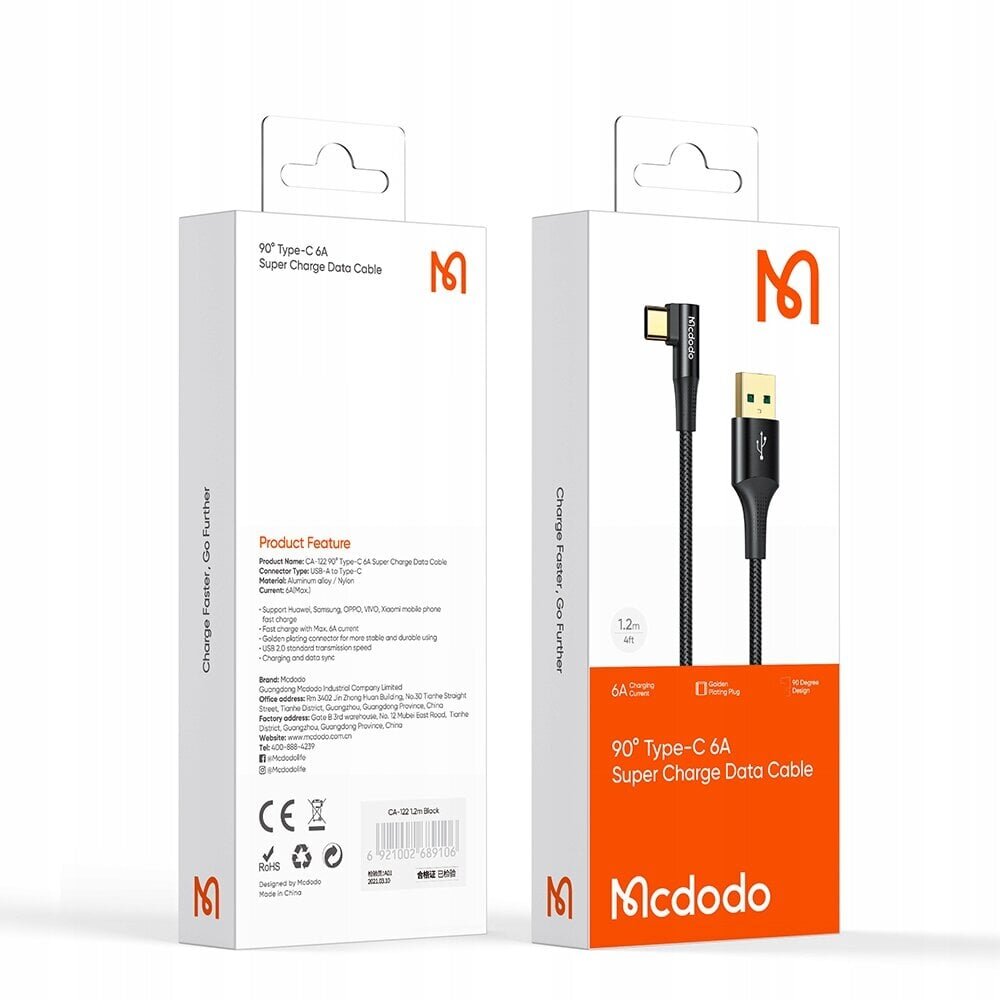 Mcdodo kiirlaadimise telefonikaabel, nurga all USB-C 65W 6A 2M цена и информация | Mobiiltelefonide kaablid | kaup24.ee