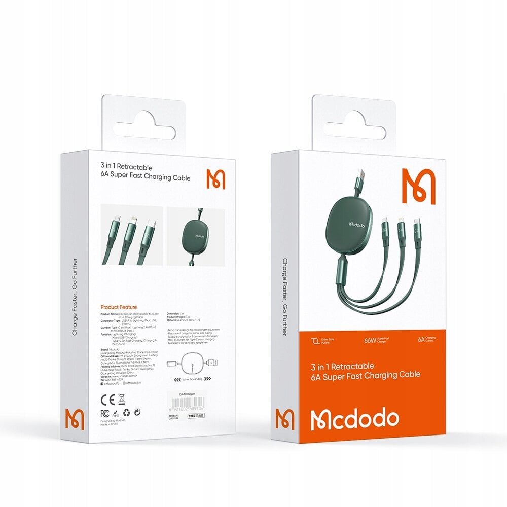 Mcdodo sissetõmmatav telefonikaabel, iPhone / Micro USB / USB-C 3W1 66W roheline цена и информация | Mobiiltelefonide kaablid | kaup24.ee