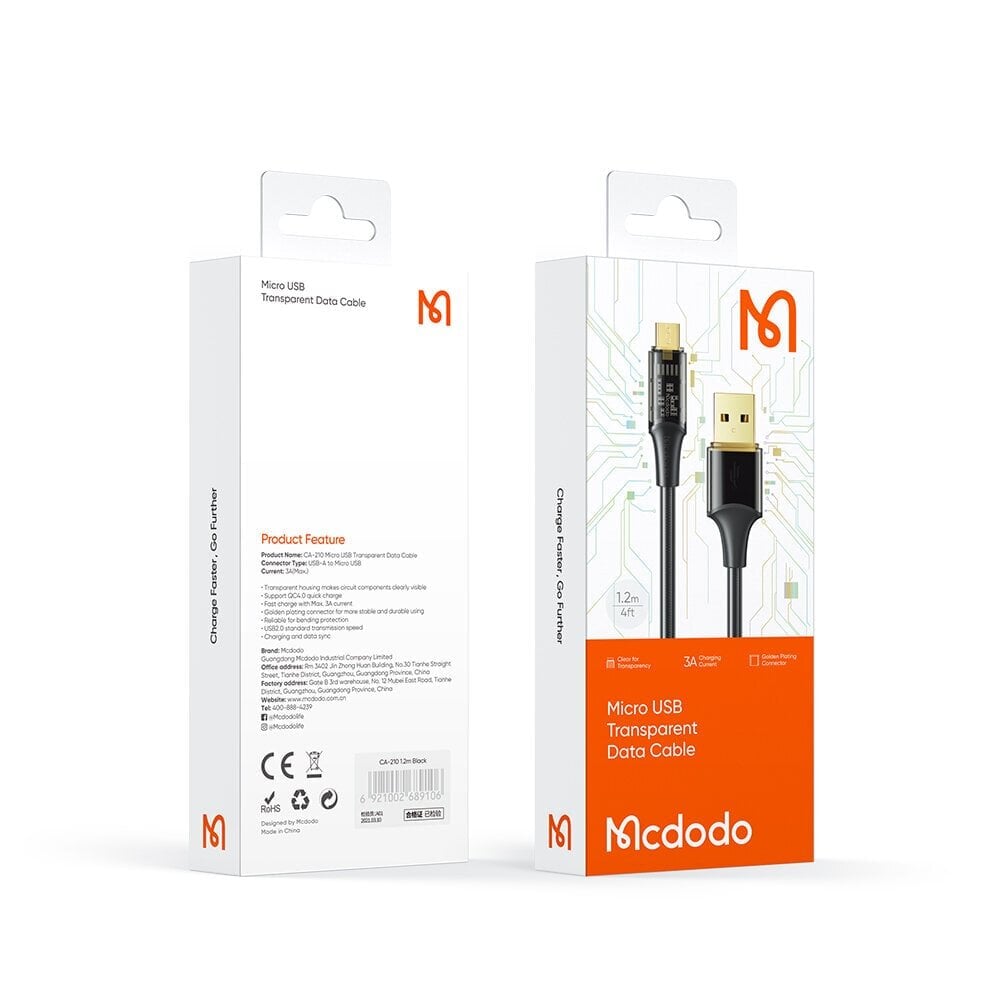 Mcdodo telefonikaabel, võimas, kiirlaadimine, MICRO, USB, QC 4.0 3A 1.2m must CA-2100 цена и информация | Mobiiltelefonide kaablid | kaup24.ee