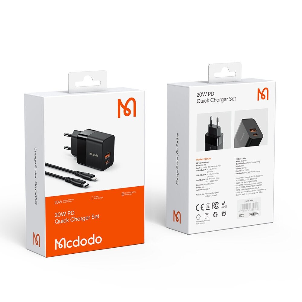 Mcdodo telefonilaadija, kiire, USB, USB-C, 20W, iPhone'i kaabel kaasas, must, CH-1952 hind ja info | Mobiiltelefonide laadijad | kaup24.ee