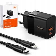 Зарядное устройство для телефона Mcdodo, быстрое, USB, USB-C, 20 Вт, кабель для Iphone в комплекте, черный, CH-1952 цена и информация | Зарядные устройства для телефонов | kaup24.ee