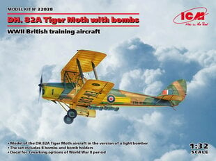 Liimitav mudel ICM 32038 WWII British training aircraft DH. 82A Tiger Moth with bombs 1/32 цена и информация | Склеиваемые модели | kaup24.ee