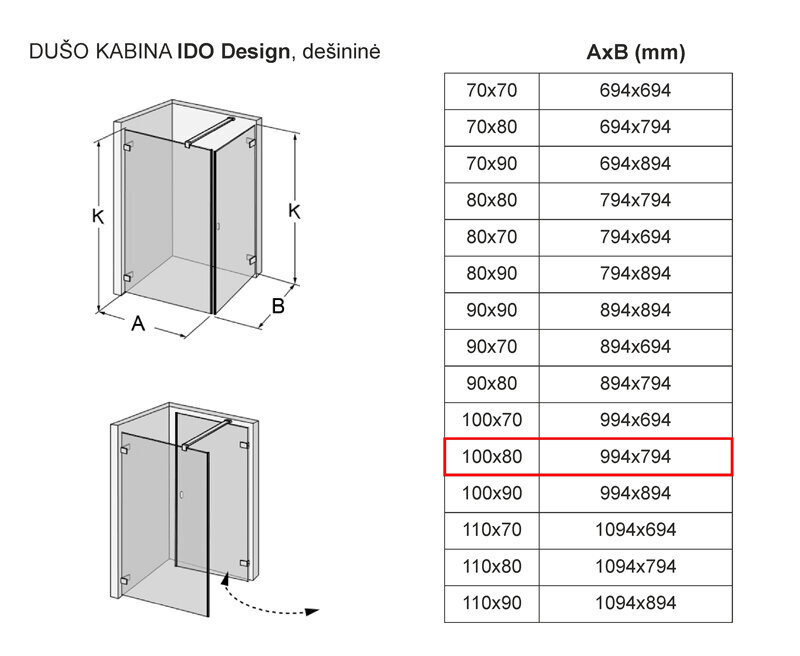 Dušikabiin IDO Design, parempoolne 100x80 цена и информация | Dušikabiinid | kaup24.ee