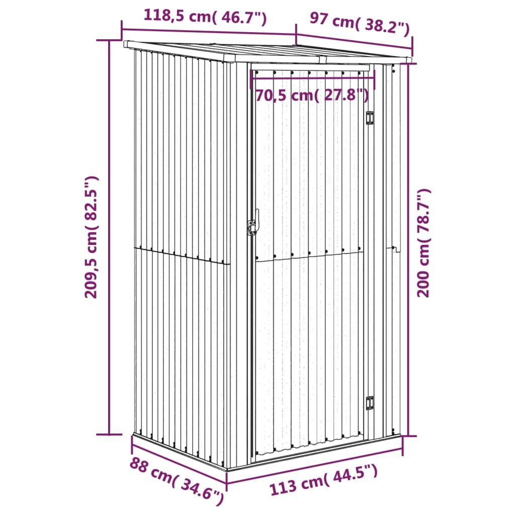 vidaXL aiakuur, hall, 118,5x97x209,5 cm, tsingitud teras цена и информация | Kuurid ja aiamajad | kaup24.ee