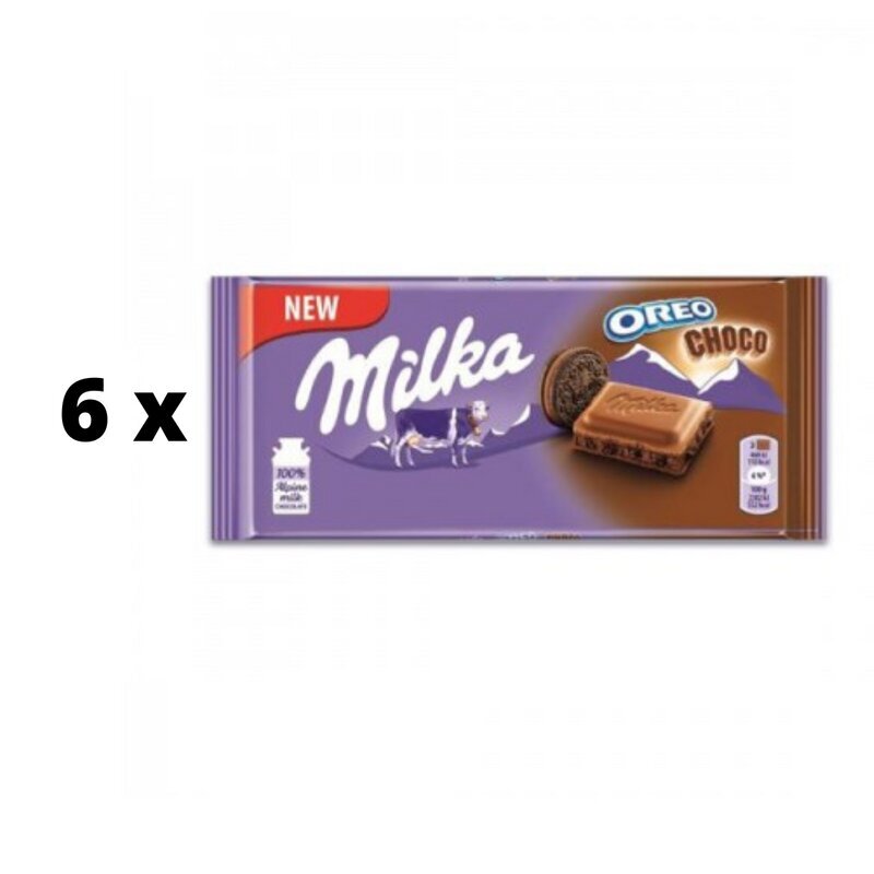 Šokolaad Milka, Oreo Choco, kakaotäidisega ja kakaoküpsise tükkidega, 100 g x 6 tk hind ja info | Maiustused | kaup24.ee