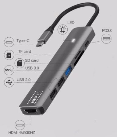 HUB ADAPTER USB-C 7w1 HDMI 4K USB 3.0 SD PD M1 LED Zenwire Macbook Pro Air M1 M2 цена и информация | USB jagajad, adapterid | kaup24.ee