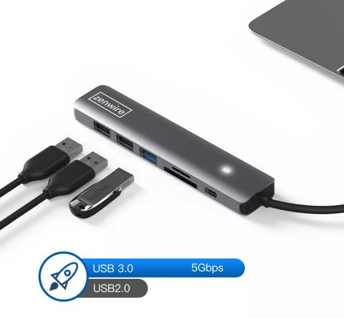 HUB ADAPTER USB-C 7w1 HDMI 4K USB 3.0 SD PD M1 LED Zenwire Macbook Pro Air M1 M2 hind ja info | USB jagajad, adapterid | kaup24.ee