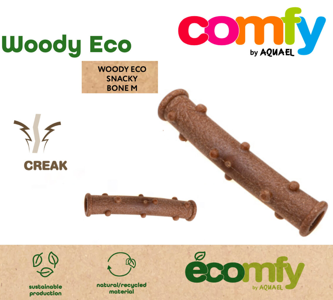 Puidust ECO Dog mänguasi, kriuksuv/hambaravi, valmistatud elastomeeri ja taaskasutatud puidukiu segust. Mugav Snacky hambapulk SCREECHING 18X4CM, Comfy hind ja info | Mänguasjad koertele | kaup24.ee