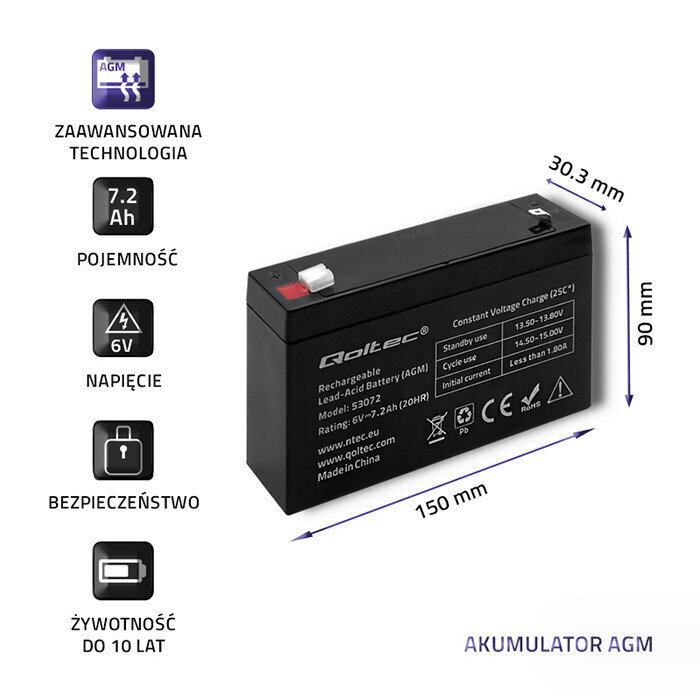 Qoltec 53072 AGM battery | 6V | 7.2 Ah hind ja info | Puhvertoiteallikad (UPS) | kaup24.ee