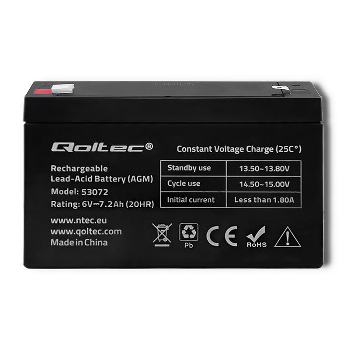 Qoltec 53072 AGM battery | 6V | 7.2 Ah hind ja info | Puhvertoiteallikad (UPS) | kaup24.ee