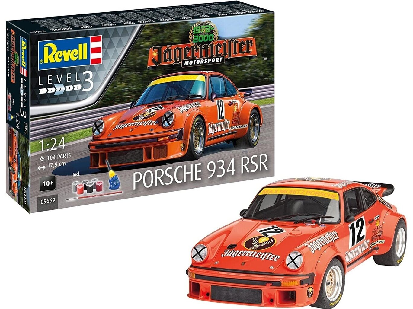 Revell - Jägermeister Motor Sport 50th Anniversary Porsche 934 RSR mudeli komplekt, 1/24, 05669 цена и информация | Klotsid ja konstruktorid | kaup24.ee